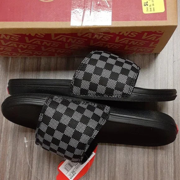 🎒 2/$30 👟 Vans Range Youth Slide Sandals Checker Dot Black Sz 3 NWT - Picture 5 of 9